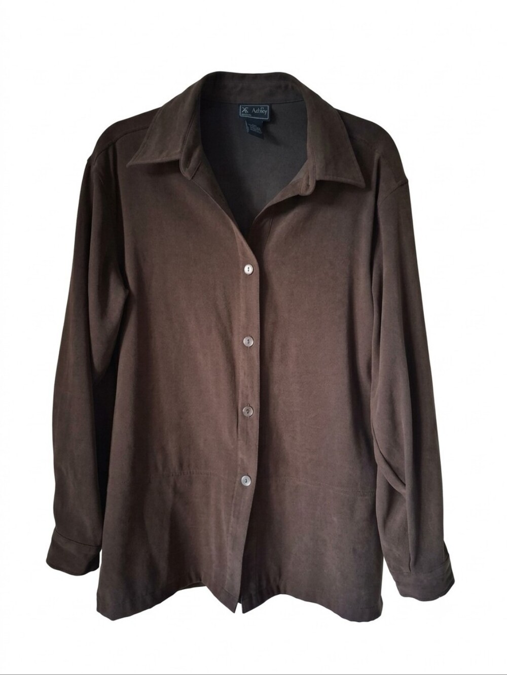 VINTAGE Jane Ashley Brown Suede-Look Button Down Stretch Shirt Medium 90s